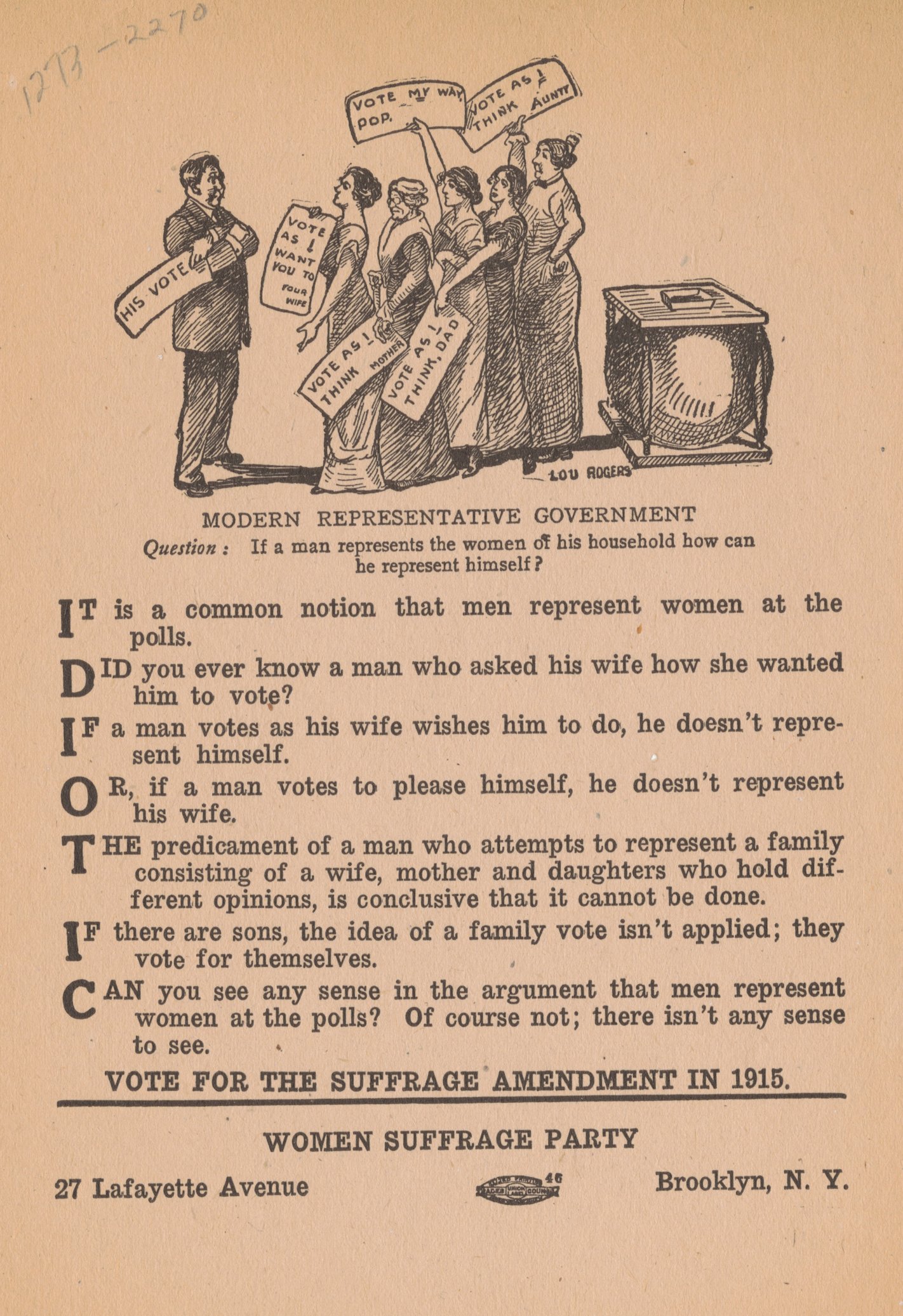Vintage illustrated suffrage leaflet showing a figure holding several voting signs while a line of people displays signs reading “Vote my way Pop,” “Vote as I think Auntie,” and similar messages beside a ballot box.